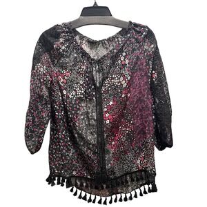 Elie Tahari Silk‎ Blend Floral Print Tunic Boho Blouse Black Pink White